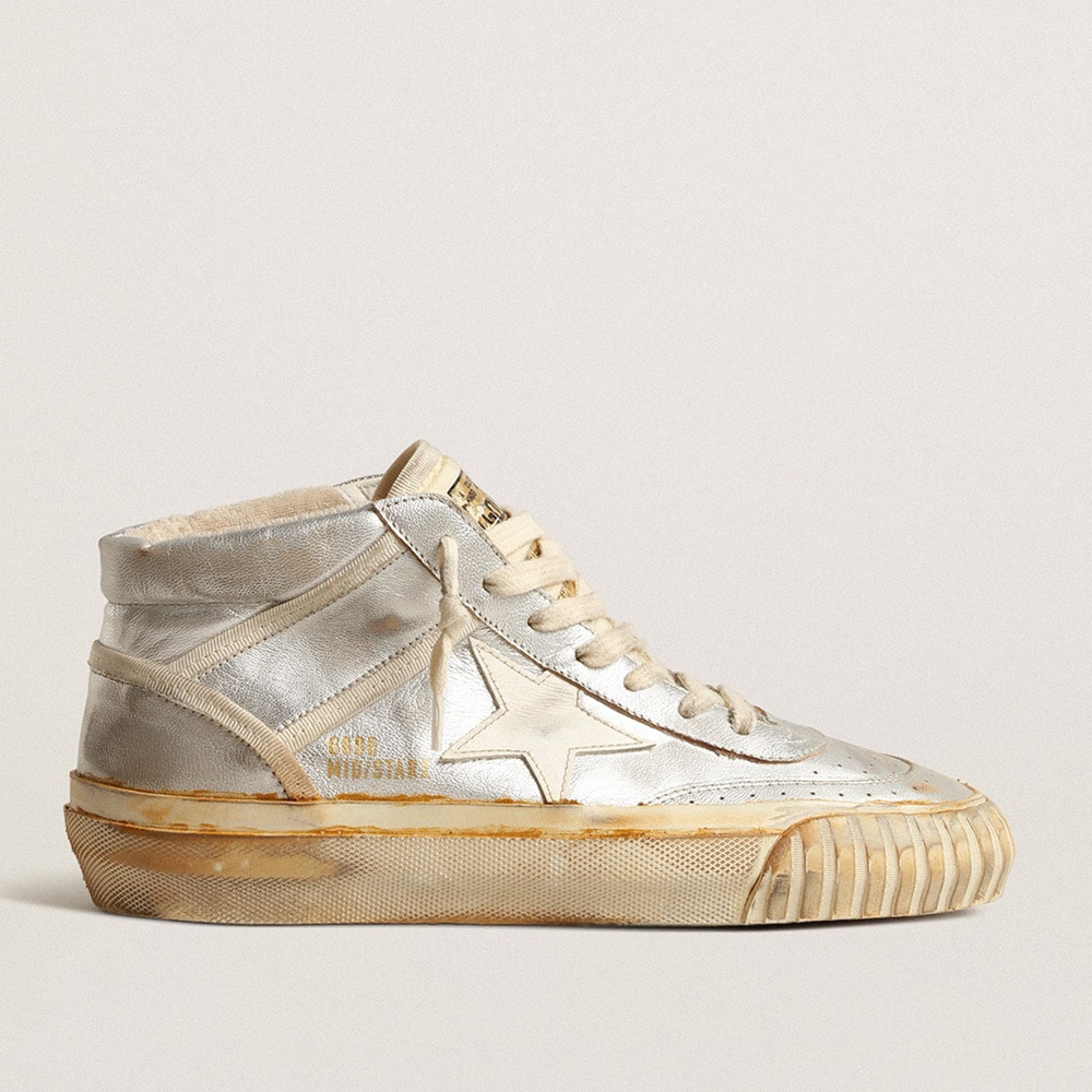 Golden Goose Mid Star Sneakers In Silver Metallic Leather With Ivory Star GWF00408.F004083.70259