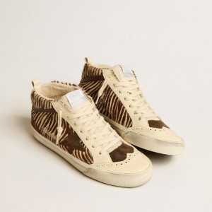 Golden Goose Mid Star Sneakers In Zebra-print Pony Skin With Suede Star And Brown Flash GWF00122.F005156.82497