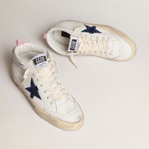 Golden Goose Mid Star Sneakers With Blue Glitter Star And Pink Suede Heel Tab GWF00122.F003979.11355