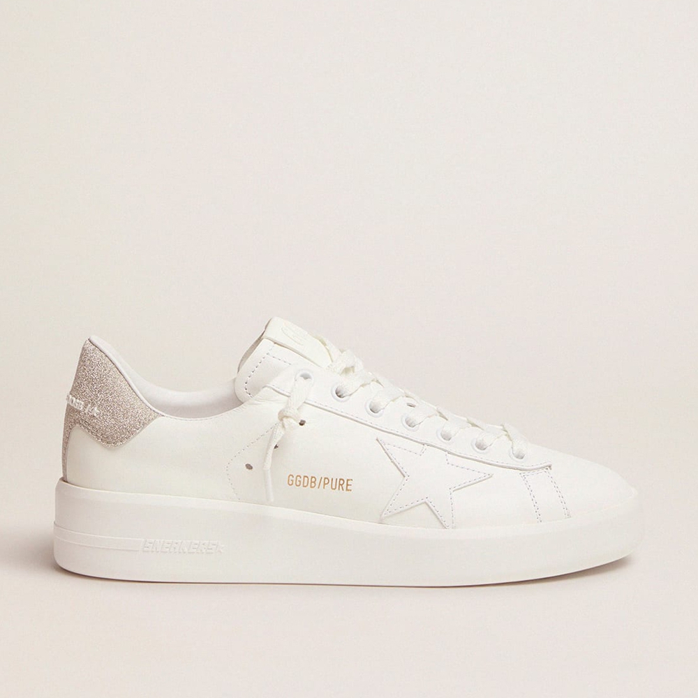 Golden Goose Purestar Sneakers In White Leather With Champagne Glitter Heel Tab GWF00197.F001128.10503