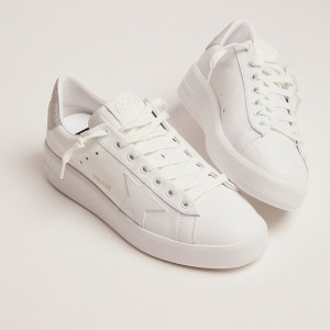 Golden Goose Purestar Sneakers In White Leather With Champagne Glitter Heel Tab GWF00197.F001128.10503