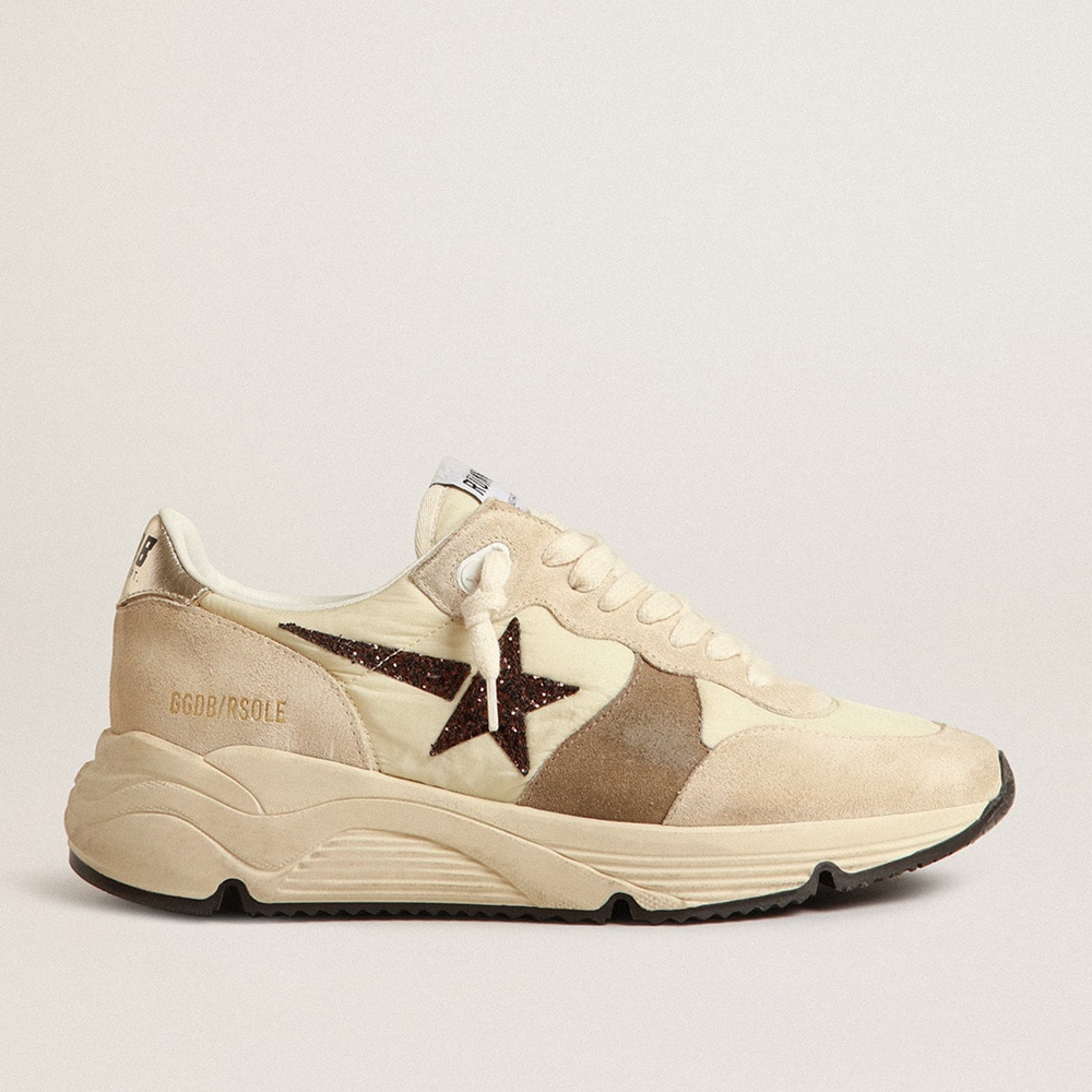 Golden Goose Running Sole LTD Sneakers In Cream Nylon And Suede With A Glitter Star GWF00215.F004025.15416