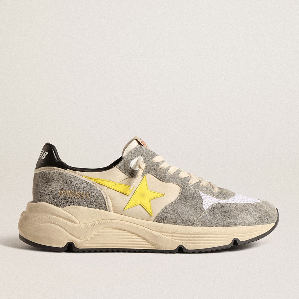 Golden Goose Running Sole Sneakers In Beige Nylon And Gray Suede With Yellow Star GMF00215.F004615.11519