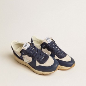 Golden Goose Running Sole Sneakers In Cream Mesh And Blue Leather With A White Leather Star GMF00671.F005279.50823