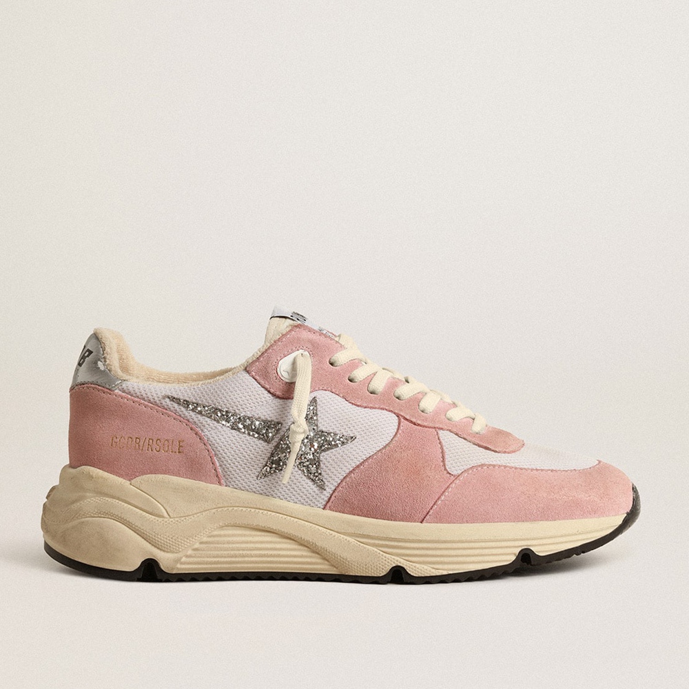 Golden Goose Running Sole Sneakers In Gray Mesh And Suede With Silver Glitter Star GWF00215.F004524.25648