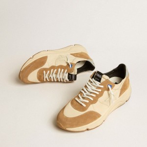 Golden Goose Running Sole Sneakers In Ivory Nylon And Tobacco Suede GMF00272.F005265.15537