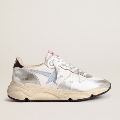 Golden Goose Running Sole Sneakers In Nylon And Silver Metallic Leather With Light Blue Star GWF00458.F003982.70255