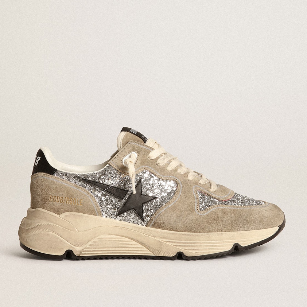 Golden Goose Running Sole Sneakers In Silver Glitter And Dove Gray Suede GWF00126.F003772.60246