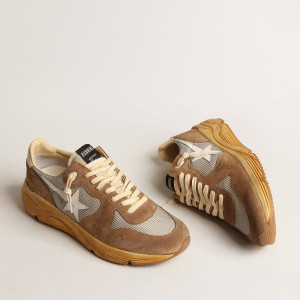 Golden Goose Running Sole Sneakers In Silver Mesh And Tobacco Suede With A White Star GMF00126.F004079.82146