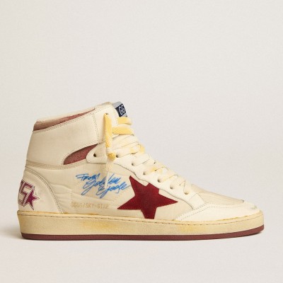 Golden Goose Sky-Star Sneakers In Beige Nylon And Nappa With Pomegranate Suede Star GMF00230.F005249.82514