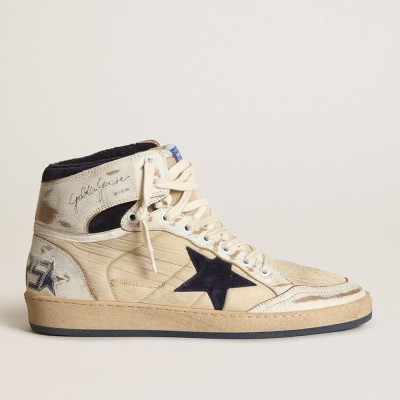 Golden Goose Sky-Star Sneakers In Cream-colored Nylon And Leather With Blue Suede Star GMF00230.F003339.10357