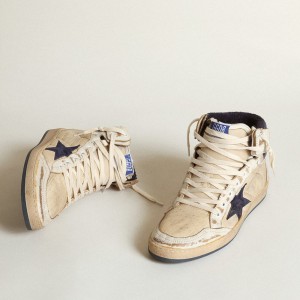 Golden Goose Sky-Star Sneakers In Cream-colored Nylon And Leather With Blue Suede Star GMF00230.F003339.10357