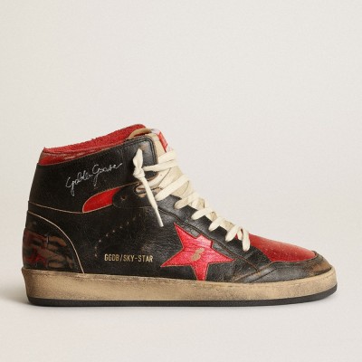 Golden Goose Sky-Star Sneakers In Glossy Black Leather With Red Star GMF00230.F003285.90235