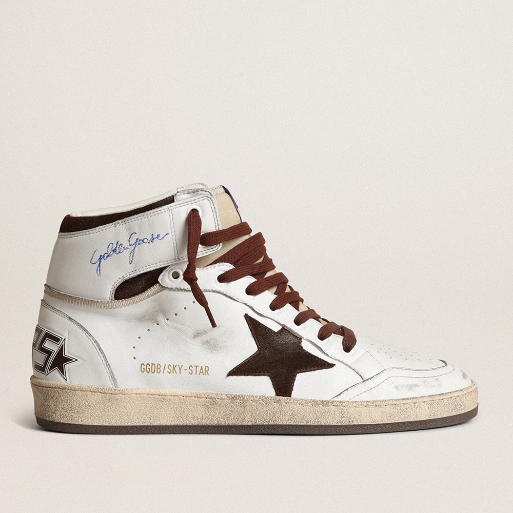 Golden Goose Sky-Star Sneakers In White Nappa Leather With A Chocolate Suede Star GMF00230.F004005.11362