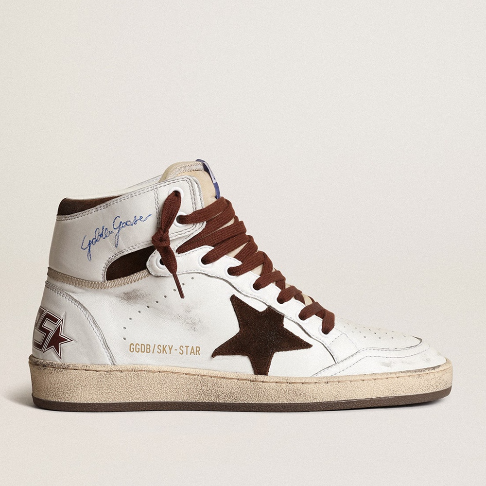 Golden Goose Sky-Star Sneakers In White Nappa Leather With Chocolate Suede Star GWF00230.F004005.11362