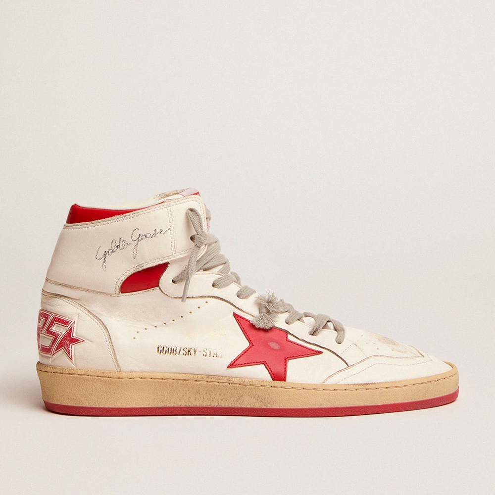 Golden Goose Sky-Star Sneakers In White Nappa With Red Star And Heel Tab GWF00230.F002190.10350