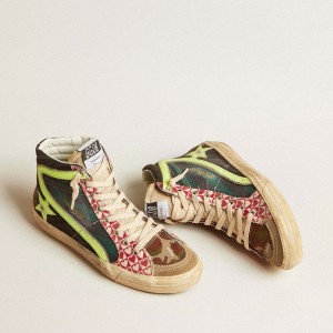 Golden Goose Slide LAB Sneakers In Camo Canvas With Yellow Leather Star And Flash GMF00508.F004407.50772