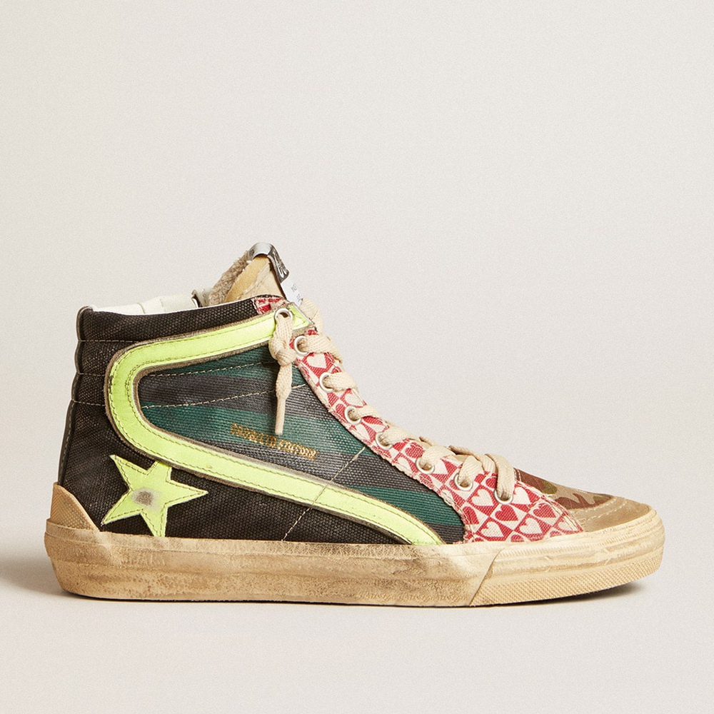 Golden Goose Slide LAB Sneakers In Camo Canvas With Yellow Leather Star And Flash GWF00508.F004407.50772