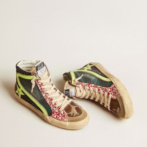 Golden Goose Slide LAB Sneakers In Camo Canvas With Yellow Leather Star And Flash GWF00508.F004407.50772