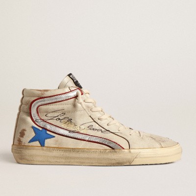 Golden Goose Slide LTD Sneakers In Ecru With Bright Blue Star And Silver Leather Flash GMF00115.F004577.82305