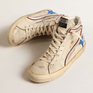 Golden Goose Slide LTD Sneakers In Ecru With Bright Blue Star And Silver Leather Flash GMF00115.F004577.82305