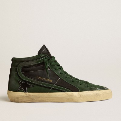 Golden Goose Slide LTD Sneakers In Green Suede And Black Canvas With Suede Star And Flash GMF00116.F005228.35684