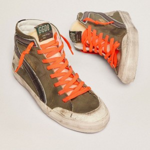 Golden Goose Slide Penstar Sneakers In Army Green Canvas With An Ice-colored Star GMF00211.F002655.35779