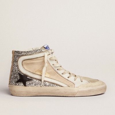 Golden Goose Slide Penstar Sneakers In Cream-colored Canvas And Silver Glitter GWF00286.F002673.81568