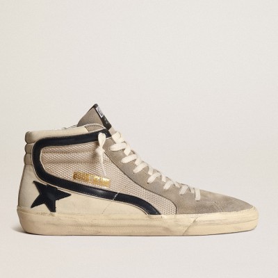 Golden Goose Slide Sneakers In Beige Mesh And Nylon With Blue Leather Star And Flash GMF00116.F003981.81994