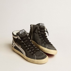 Golden Goose Slide Sneakers In Black Suede With Silver Metallic Leather Star And Flash GMF00115.F005260.90179