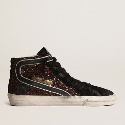 Golden Goose Slide Sneakers In Brown Glitter With Black Leather Star And Flash GWF00115.F003977.81993