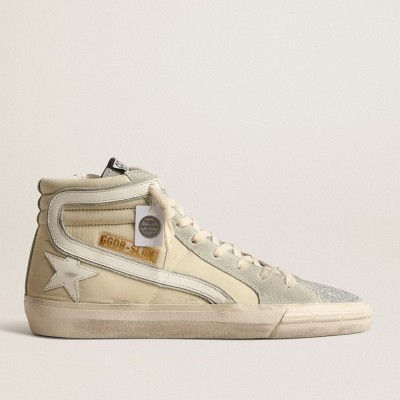 Golden Goose Slide Sneakers In Ivory Nylon With White Leather Star And Flash GWF00115.F004052.82136