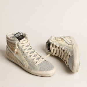 Golden Goose Slide Sneakers In Ivory Nylon With White Leather Star And Flash GWF00115.F004052.82136