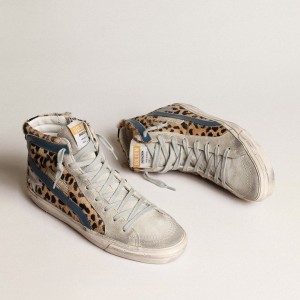 Golden Goose Slide Sneakers In Leopard Print Pony Skin With Silver Leather Star GWF00115.F003484.81835