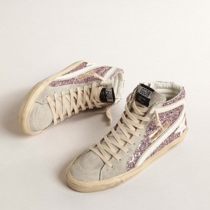 Golden Goose Slide Sneakers In Lilac Glitter With White Leather Star And Flash GWF00115.F004526.82284