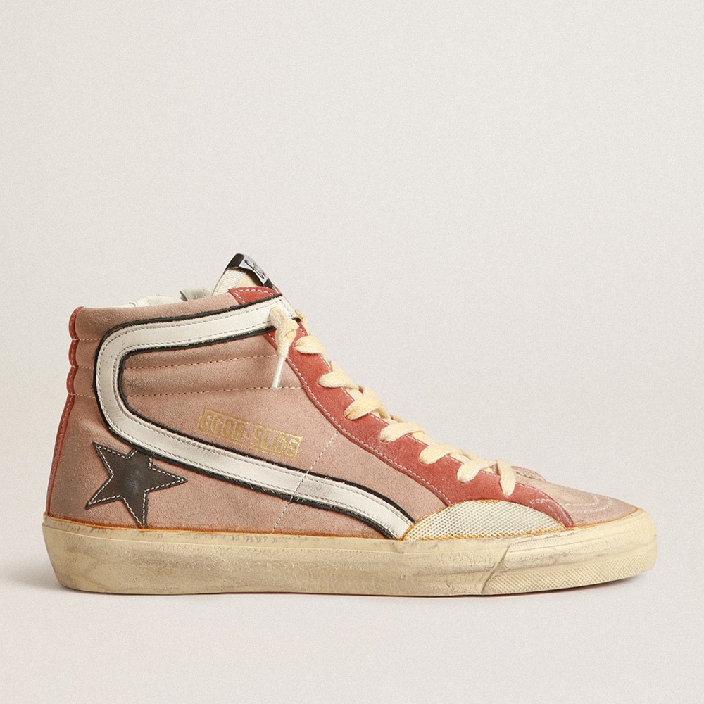 Golden Goose Slide Sneakers In Pink Suede With Anthracite Laminated Leather Star GWF00477.F004073.55521