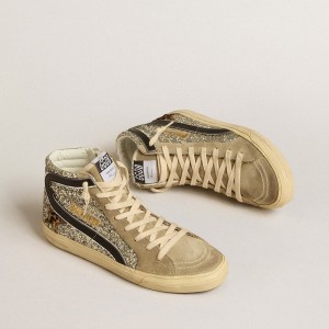 Golden Goose Slide Sneakers In Platinum Glitter With Leopard-print Pony Skin Star And Black Flash GWF00115.F005248.82515