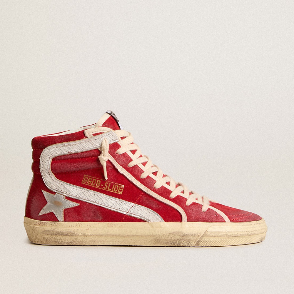 Golden Goose Slide Sneakers In Red Suede With Silver Star And Lizard Print Flash GWF00115.F005930.40399