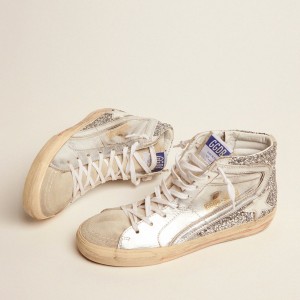 Golden Goose Slide Sneakers With Laminated Leather Upper And Silver Glitter GWF00116.F001046.70160