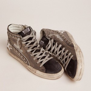 Golden Goose Slide Sneakers With Silver Laminated Leather Upper And Studs GWF00115.F001711.90179