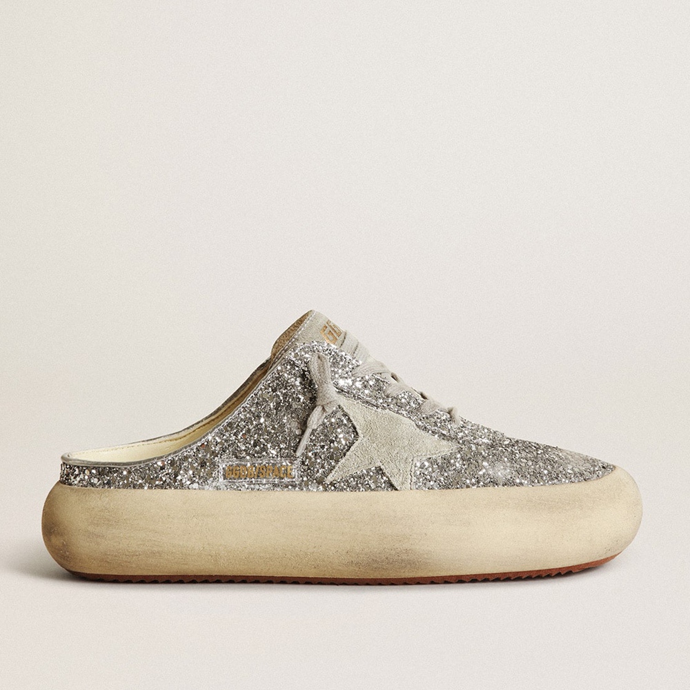 Golden Goose Space-Star Sabot Sneakers In Glitter With Ice-gray Star And Tab GWF00383.F003332.70100