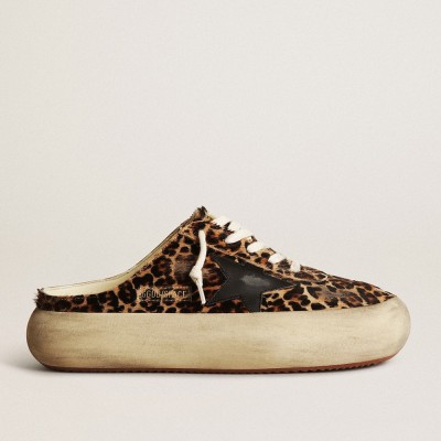 Golden Goose Space-Star Sabot Sneakers In Leopard Print Pony Skin With Black Star GWF00383.F003331.81472