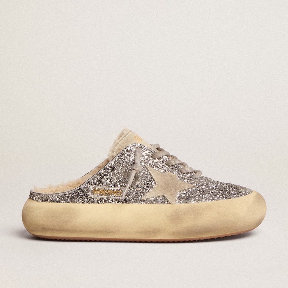 Golden Goose Space-Star Sabot Sneakers In Silver Glitter And Shearling Lining GWF00322.F002999.70136