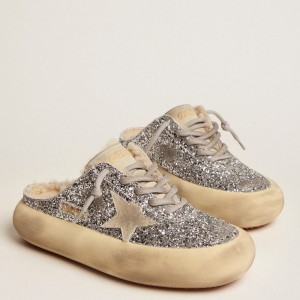 Golden Goose Space-Star Sabot Sneakers In Silver Glitter And Shearling Lining GWF00322.F002999.70136