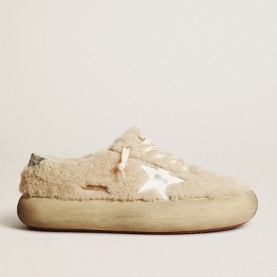 Golden Goose Space-Star Sneakers In Beige Shearling With White Leather Star And Metallic Leather Heel Tab GMF00346.F003337.15292