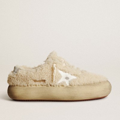 Golden Goose Space-Star Sneakers In Beige Shearling With White Leather Star And Metallic Leather Heel Tab GWF00346.F003337.15292