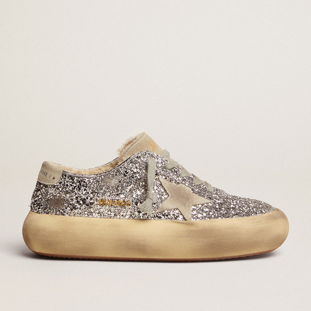 Golden Goose Space-Star Sneakers In Silver Glitter With Shearling Lining GWF00346.F002998.70136