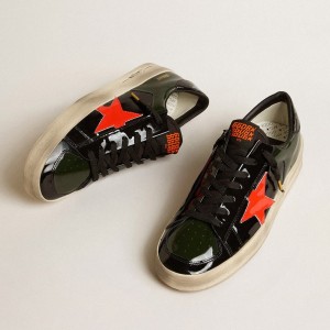 Golden Goose Stardan LAB Sneakers In Black And Green Patent Leather With Orange Star GWF00304.F005084.82475