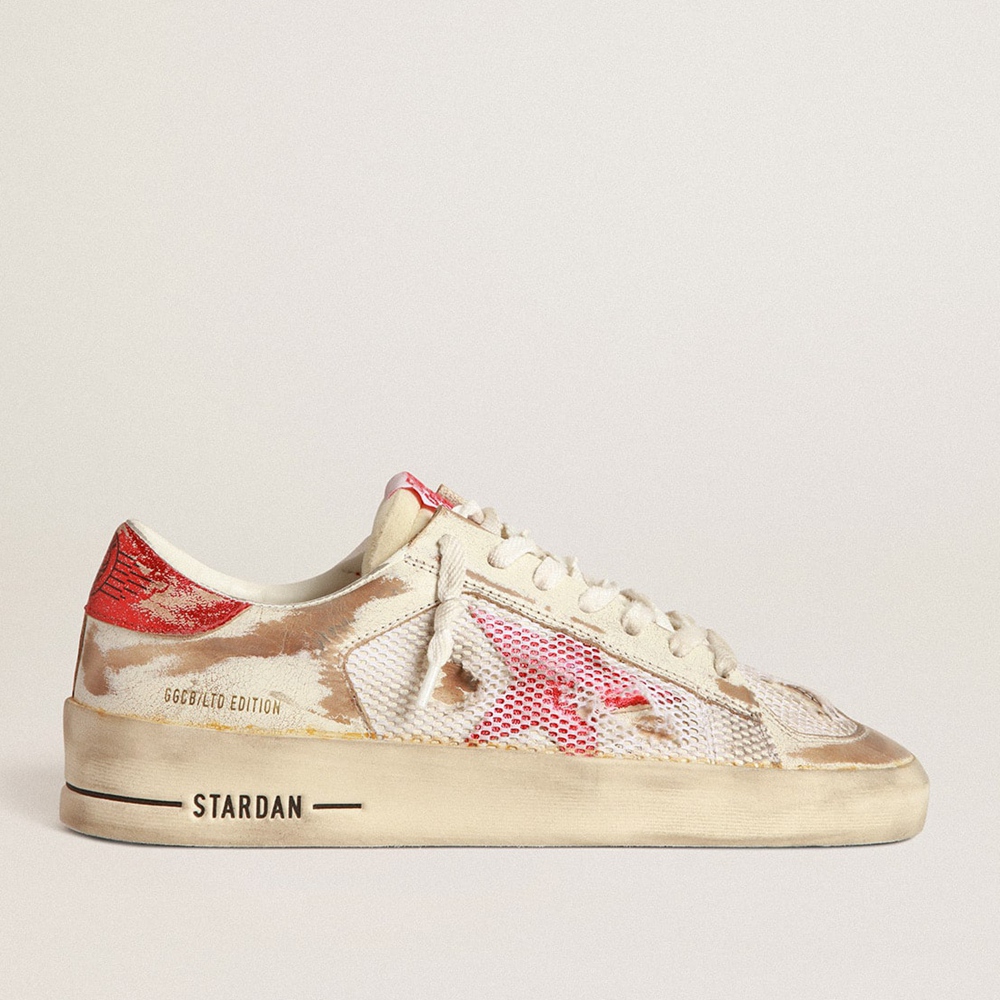 Golden Goose Stardan LAB Sneakers In White Leather And Mesh With Red Laminated Leather Star GMF00128.F003534.10350