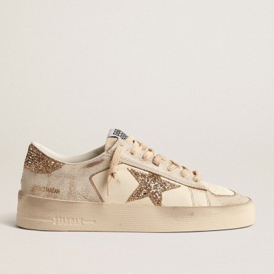 Golden Goose Stardan Sneakers In Ecru Nappa Leather With Gold Glitter Star And Heel Tab GWF00128.F004550.11490